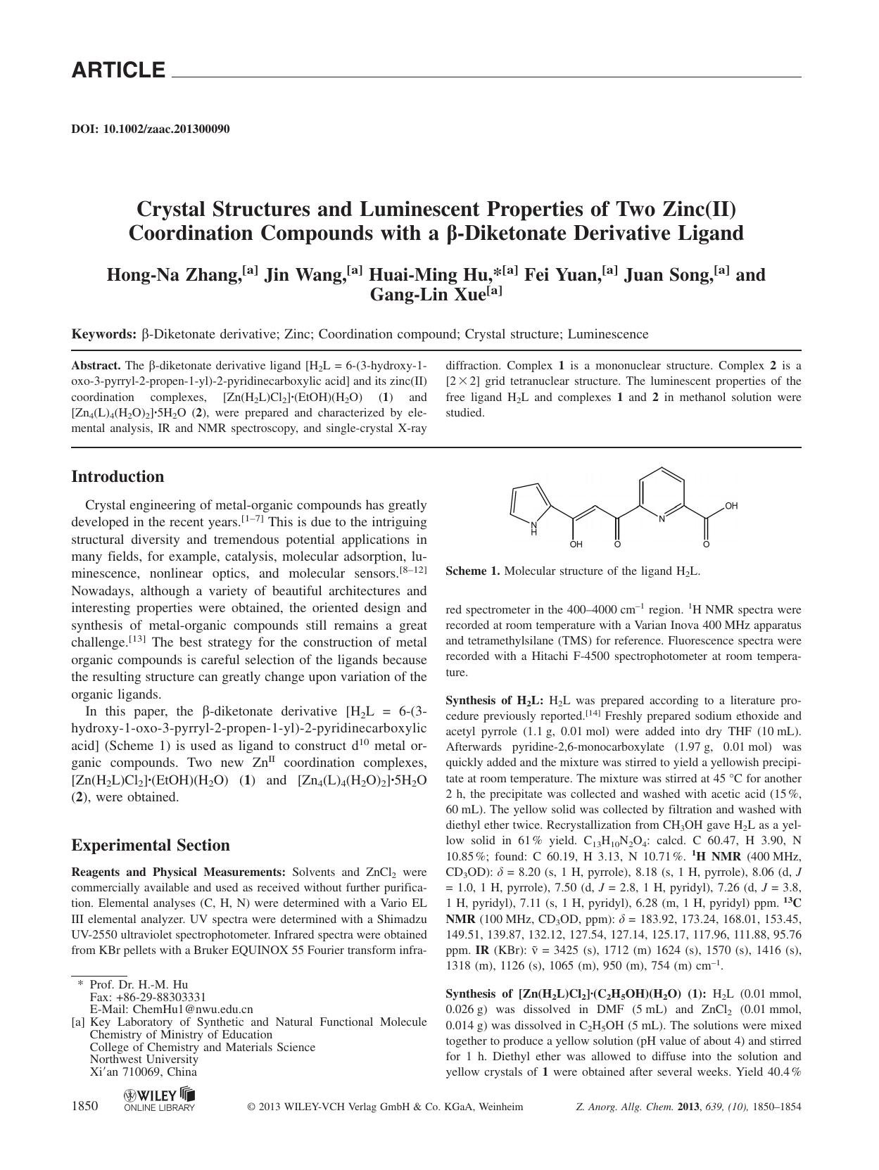 Crystal Structures and Luminescent Properties of Two Zinc(II) Coordination Compounds with a Diketonate Derivative Ligand by Unknown