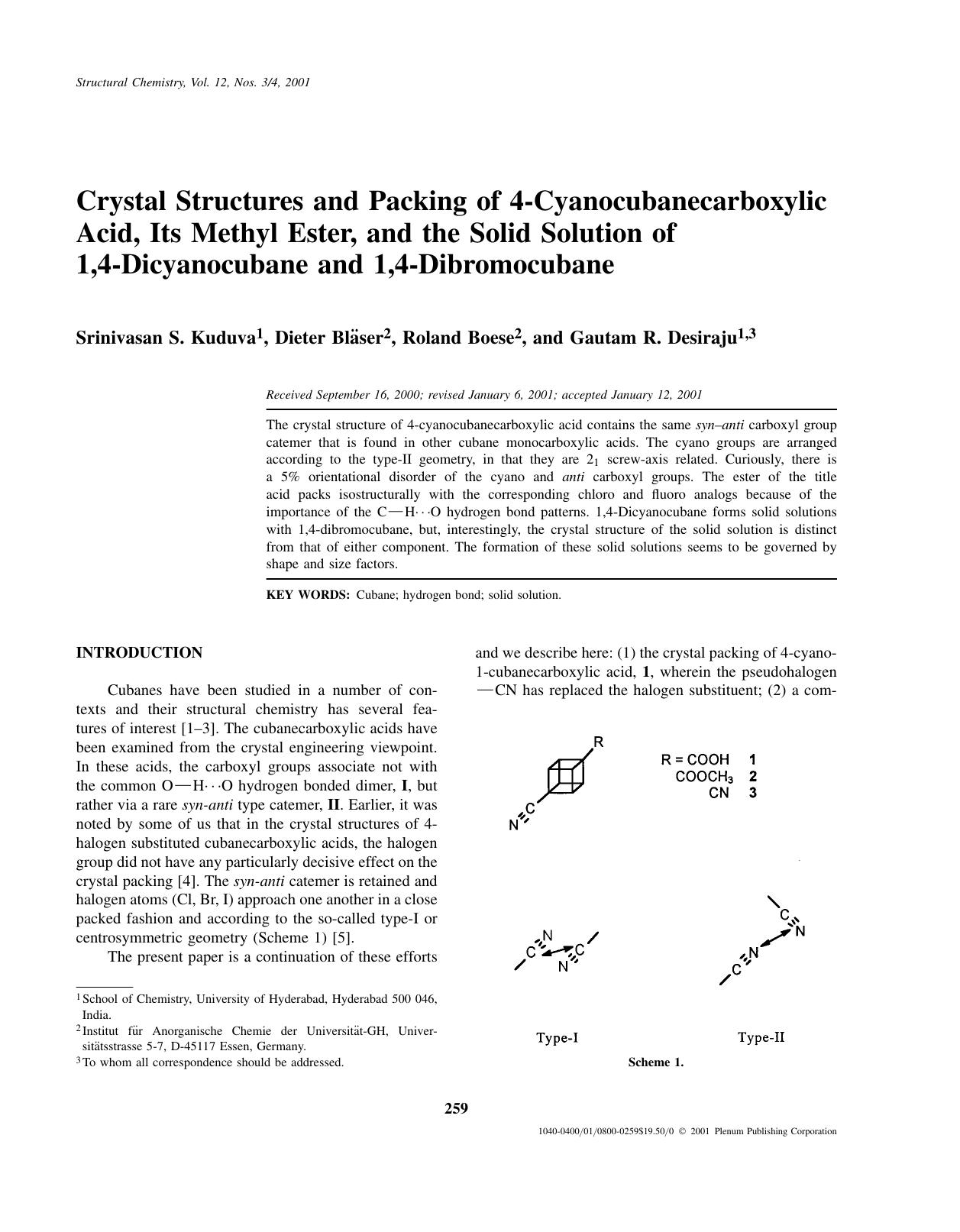 Crystal Structures and Packing of 4-Cyanocubanecarboxylic Acid, Its Methyl Ester, and the Solid Solution of 1,4-Dicyanocubane and 1,4-Dibromocubane by Unknown