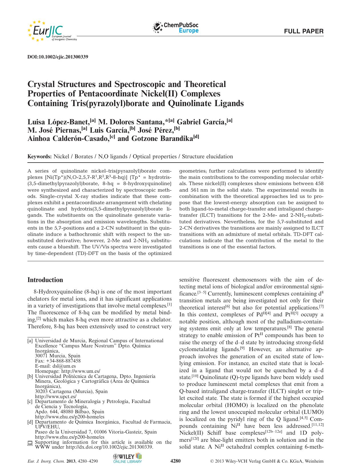 Crystal Structures and Spectroscopic and Theoretical Properties of Pentacoordinate Nickel(II) Complexes Containing Tris(pyrazolyl)borate and Quinolinate Ligands by Unknown