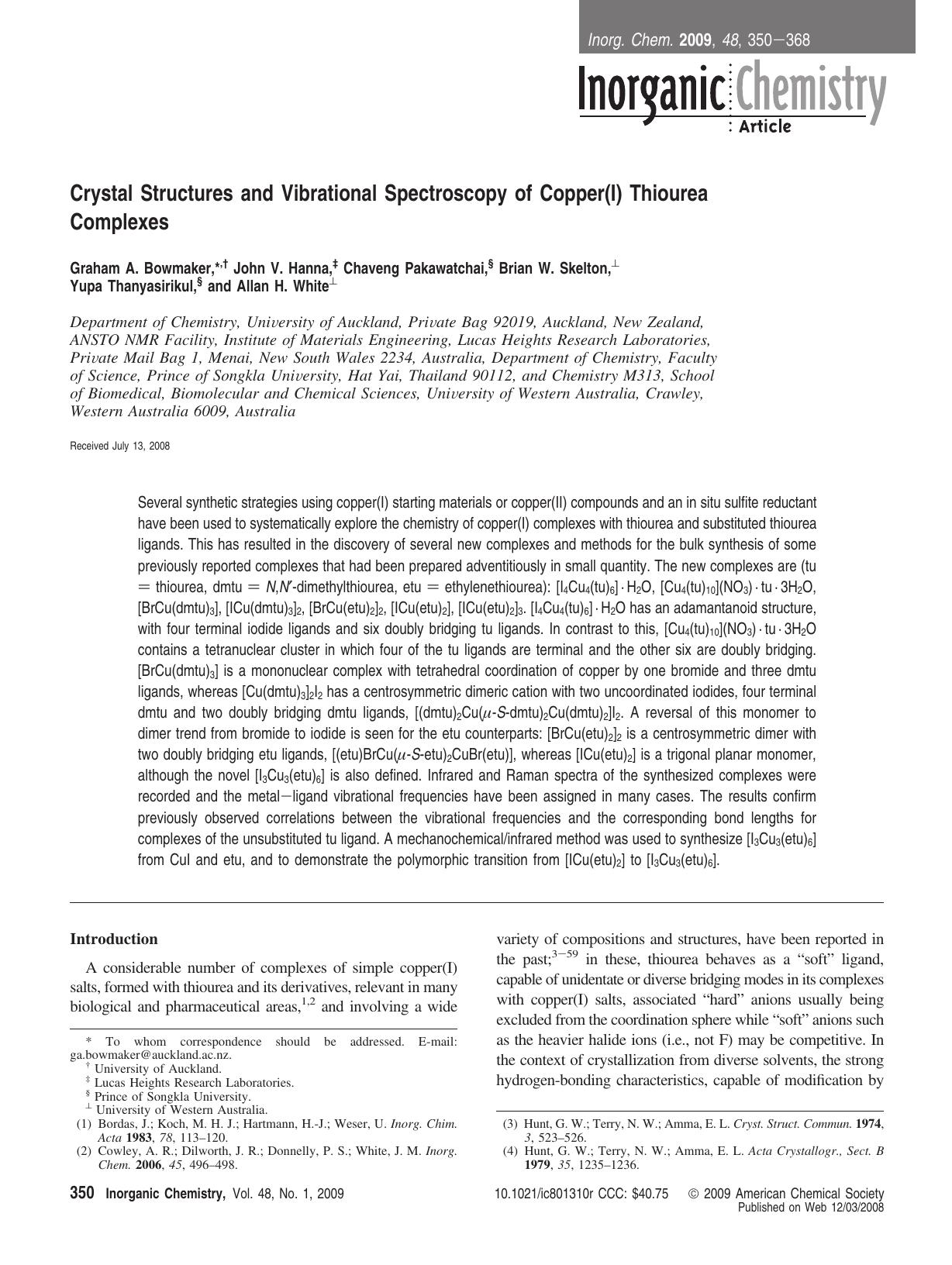 Crystal Structures and Vibrational Spectroscopy of Copper(I) Thiourea Complexes by unknow