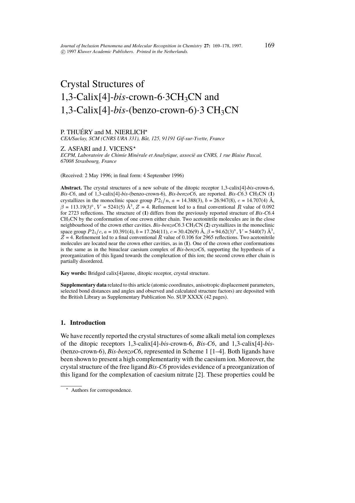 Crystal Structures of 1,3-Calix[4]-bis-crown-6·3CH3CN and 1,3-Calix[4]-bis-(benzo-crown-6)·3 CH3CN by Unknown