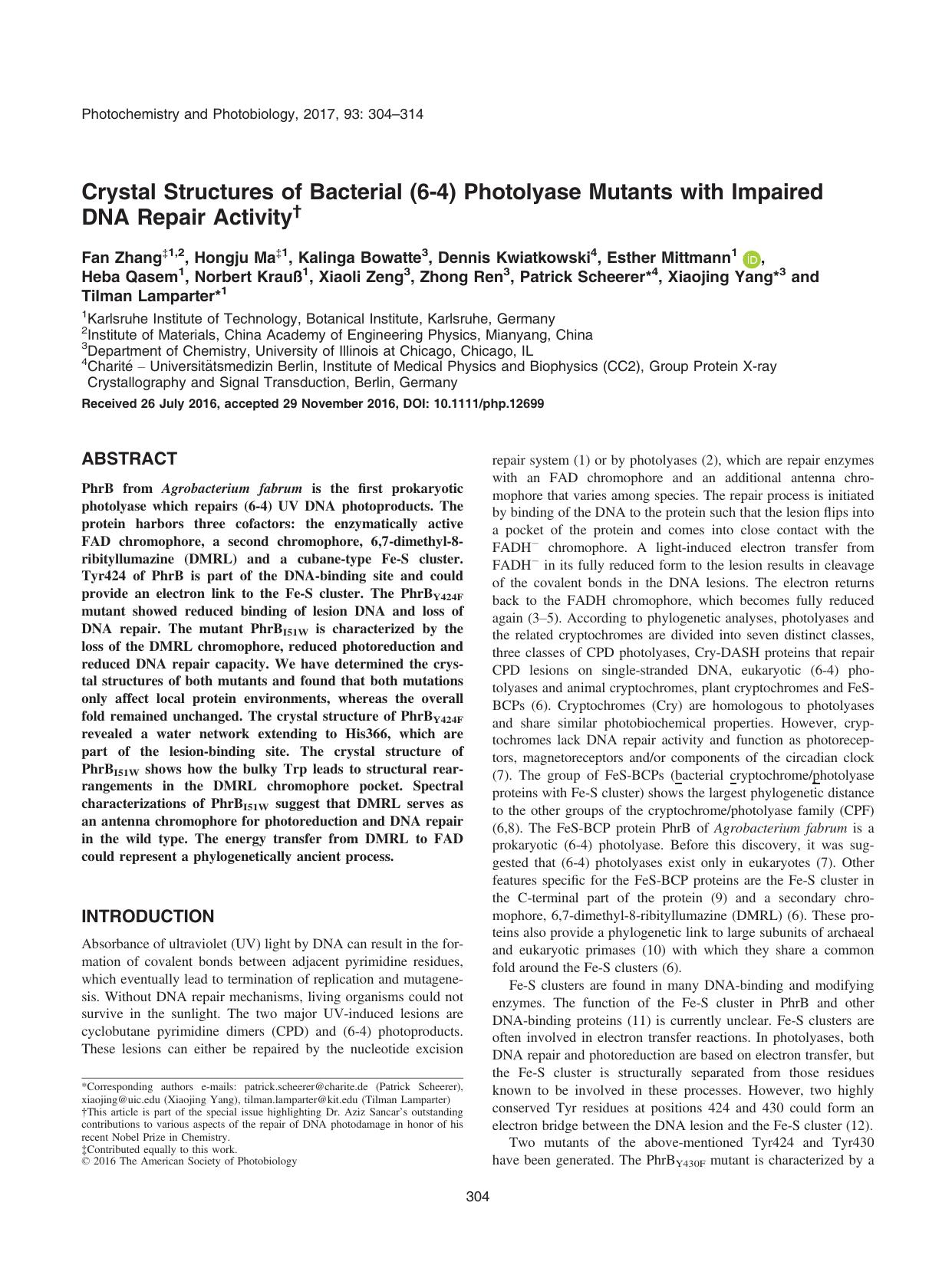 Crystal Structures of Bacterial (6â4) Photolyase Mutants with Impaired DNA Repair Activity by Unknown