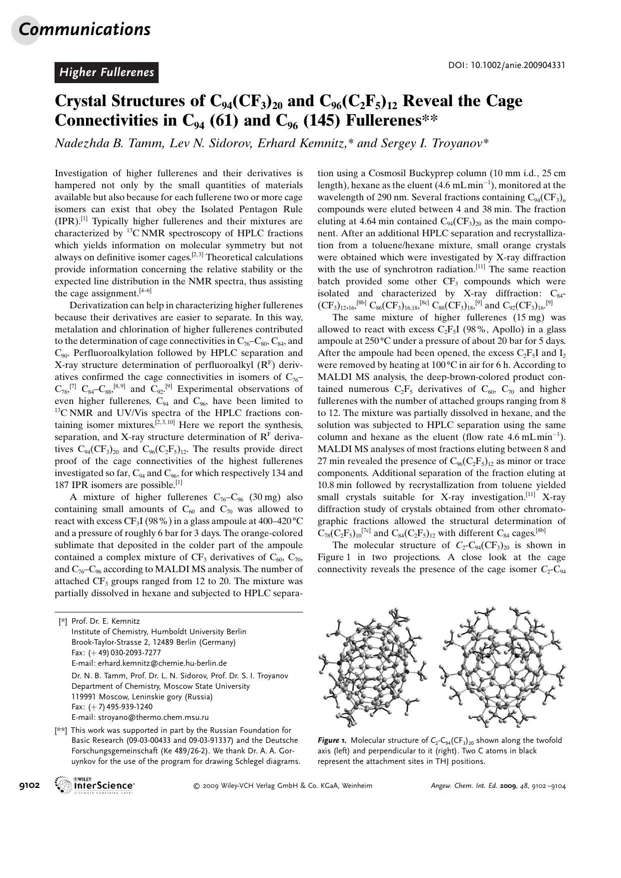 Crystal Structures of C94(CF3)20 and C96(C2F5)12 Reveal the Cage Connectivities in C94 (61) and C96 (145) Fullerenes by Unknown