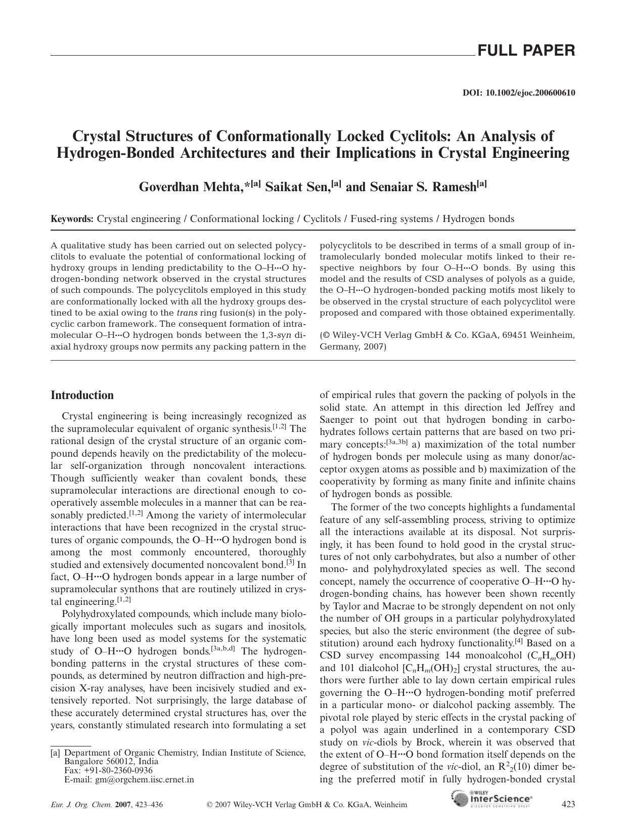 Crystal Structures of Conformationally Locked Cyclitols: An Analysis of Hydrogen-Bonded Architectures and their Implications in Crystal Engineering by Unknown
