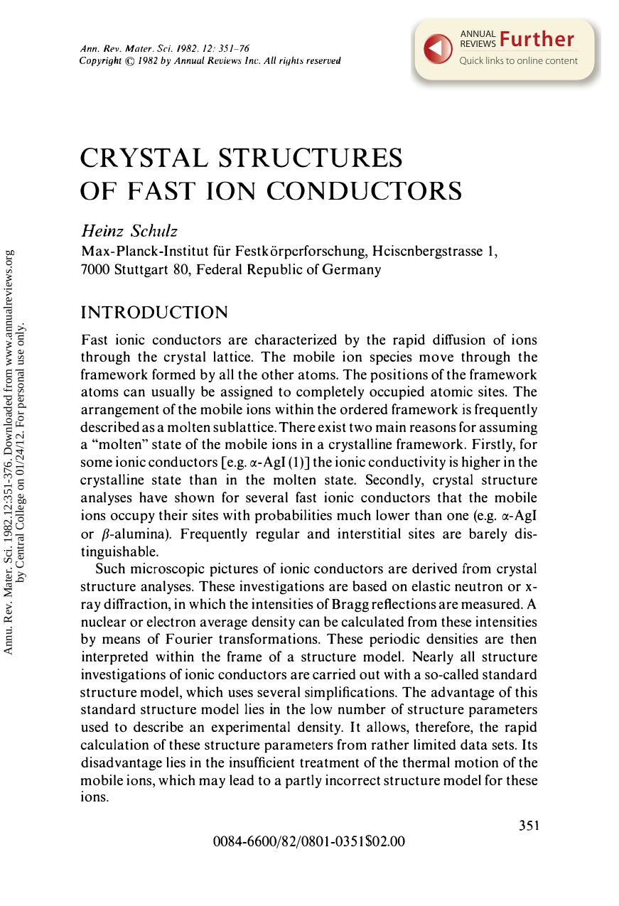 Crystal Structures of Fast Ion Conductors by H Schulz