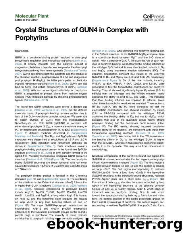 Crystal Structures of GUN4 in Complex with Porphyrins by Xuemin Chen & Hua Pu & Xiao Wang & Weiwei Long & Rongcheng Lin & Lin Liu