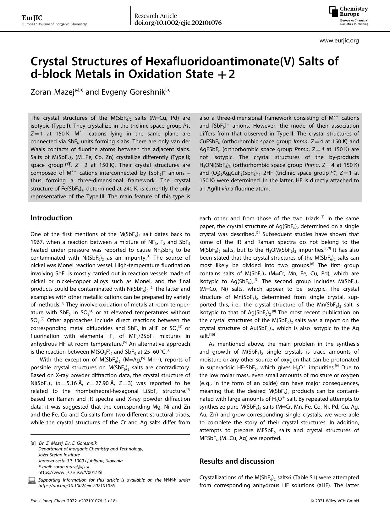 Crystal Structures of Hexafluoridoantimonate(V) Salts of dâblock Metals in Oxidation State +2 by Unknown
