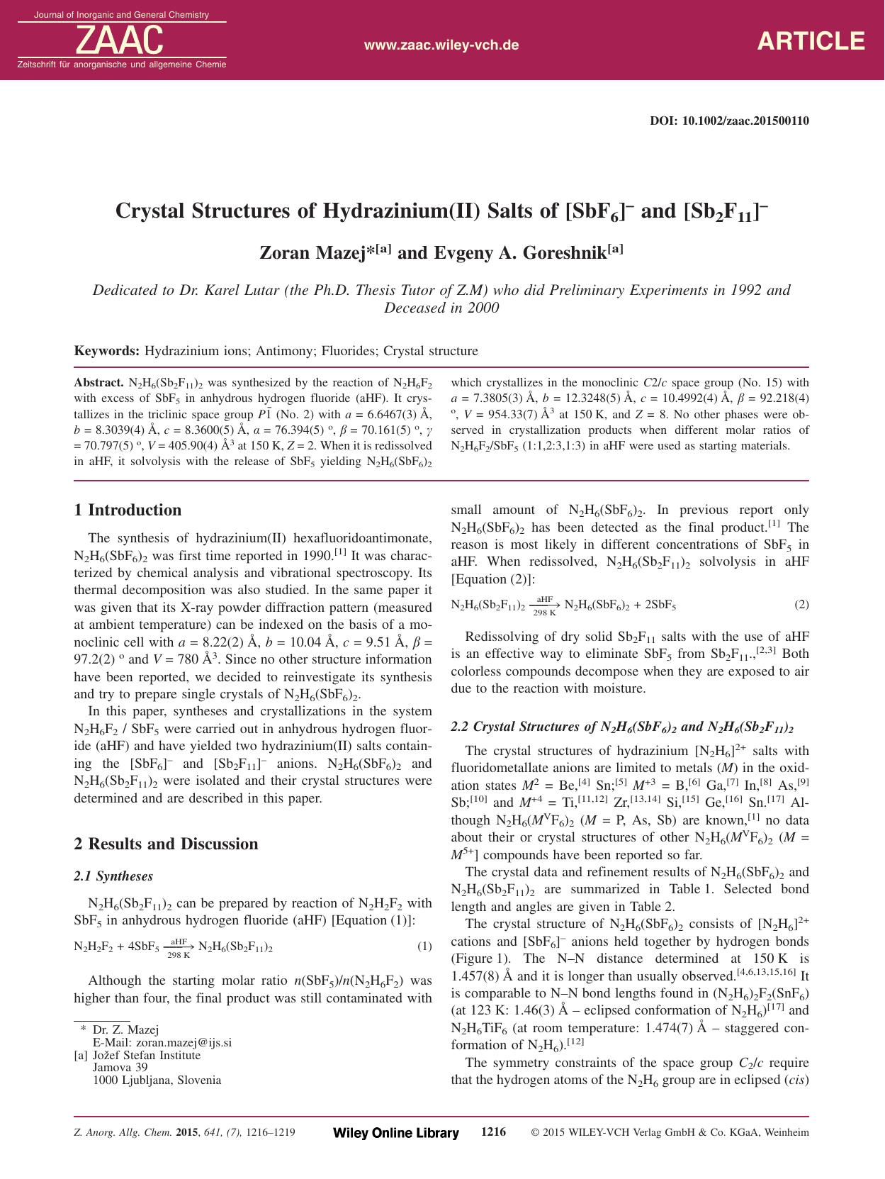 Crystal Structures of Hydrazinium(II) Salts of [SbF6] and [Sb2F11] by Unknown