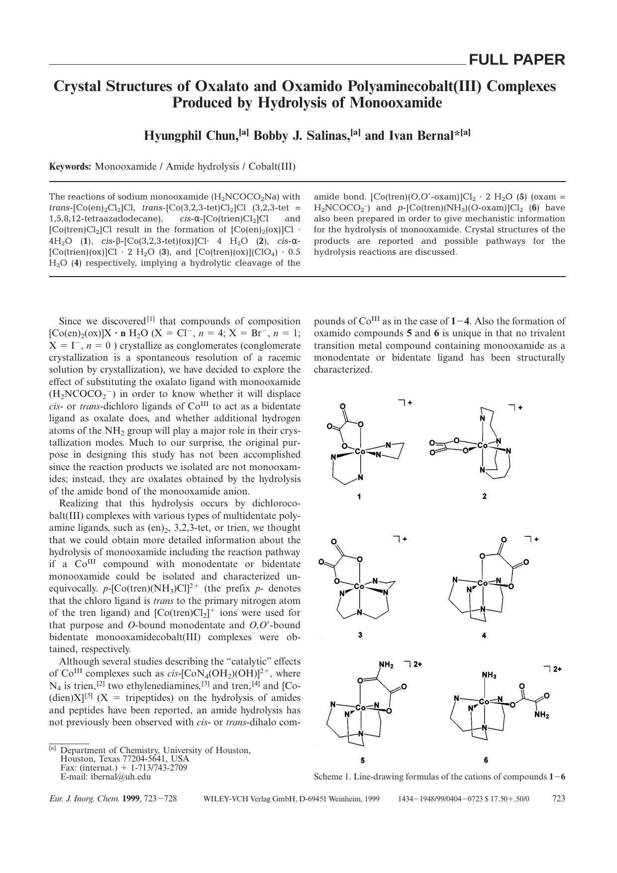 Crystal Structures of Oxalato and Oxamido Polyaminecobalt(III) Complexes Produced by Hydrolysis of Monooxamide by Unknown