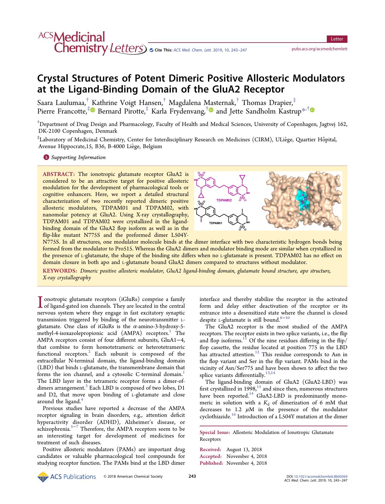 Crystal Structures of Potent Dimeric Positive Allosteric Modulators at the Ligand-Binding Domain of the GluA2 Receptor by unknow