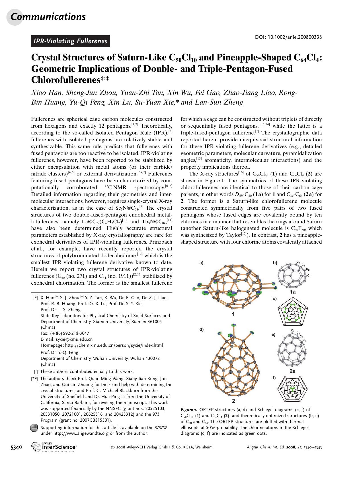 Crystal Structures of Saturn-Like C50Cl10 and Pineapple-Shaped C64Cl4: Geometric Implications of Double- and Triple-Pentagon-Fused Chlorofullerenes by Unknown