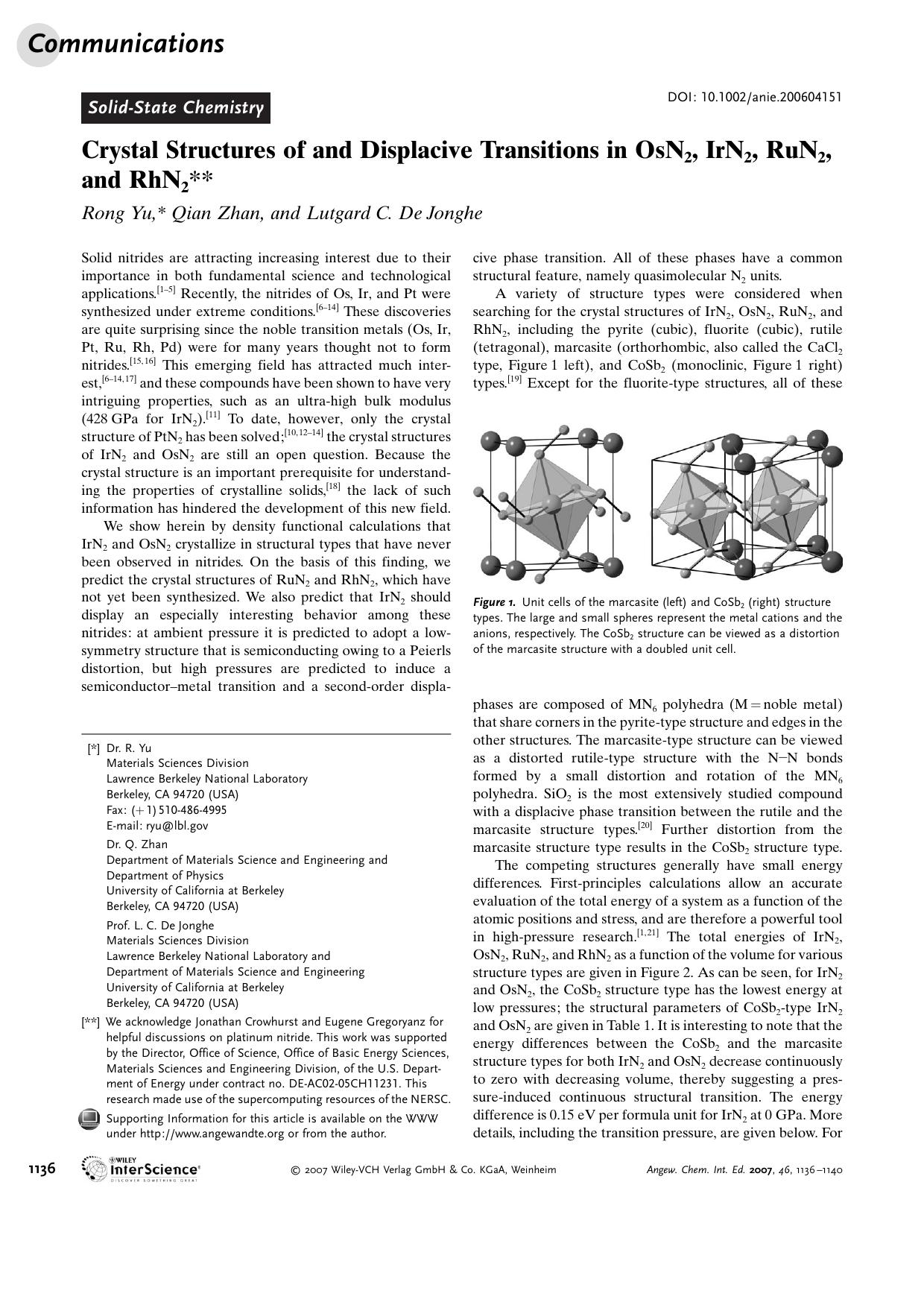 Crystal Structures of and Displacive Transitions in OsN2, IrN2, RuN2, and RhN2 by Unknown