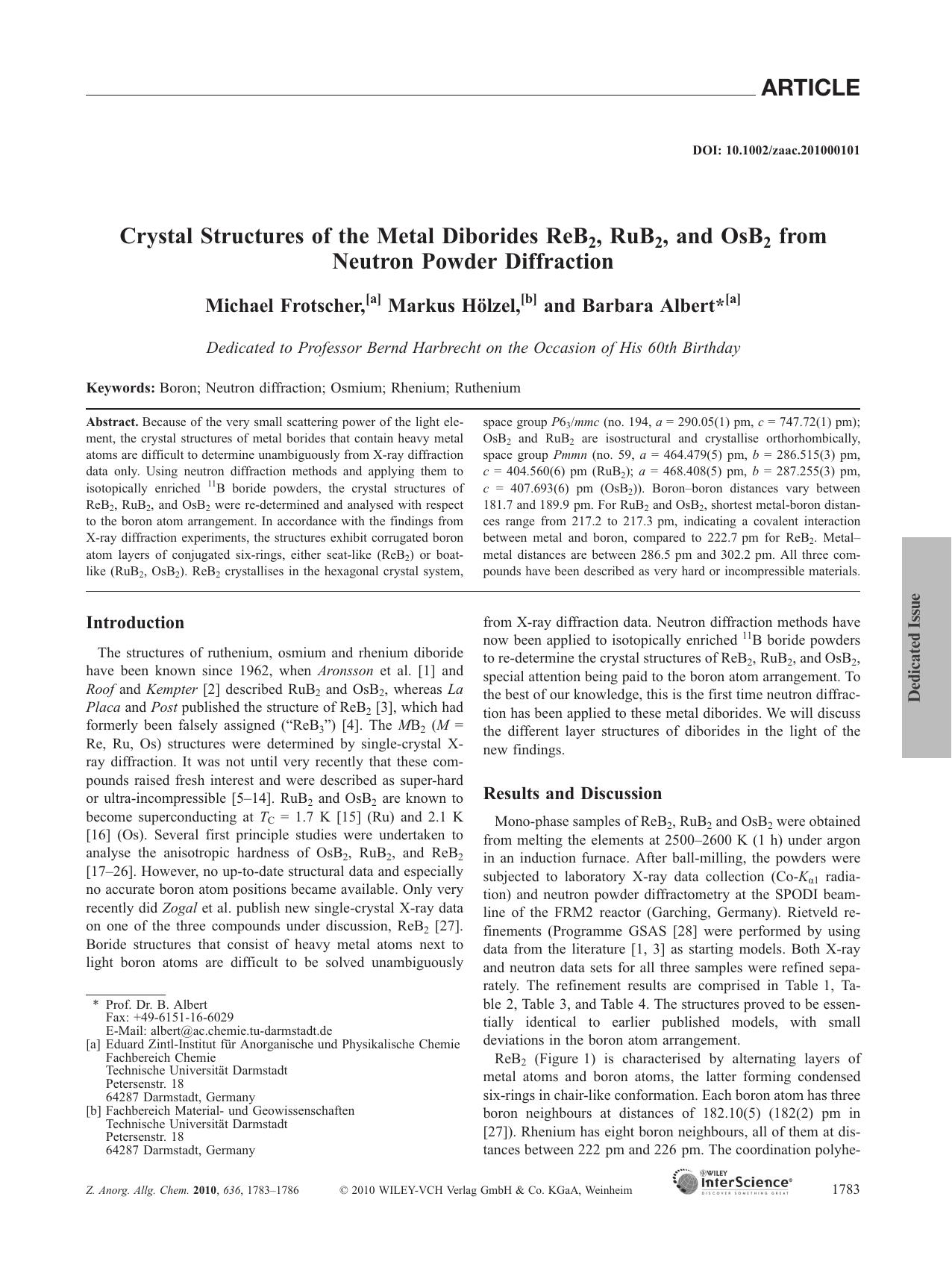 Crystal Structures of the Metal Diborides ReB2, RuB2, and OsB2 from Neutron Powder Diffractionâ¬ by Unknown