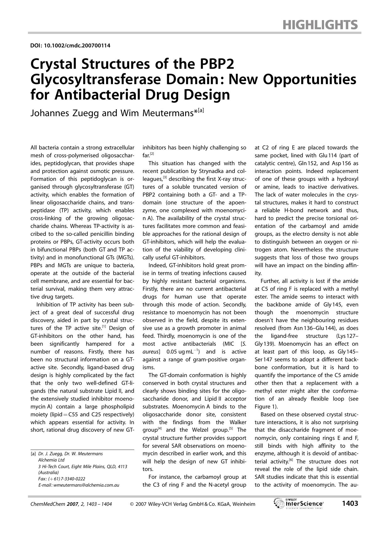 Crystal Structures of the PBP2 Glycosyltransferase Domain: New Opportunities for Antibacterial Drug Design by Unknown