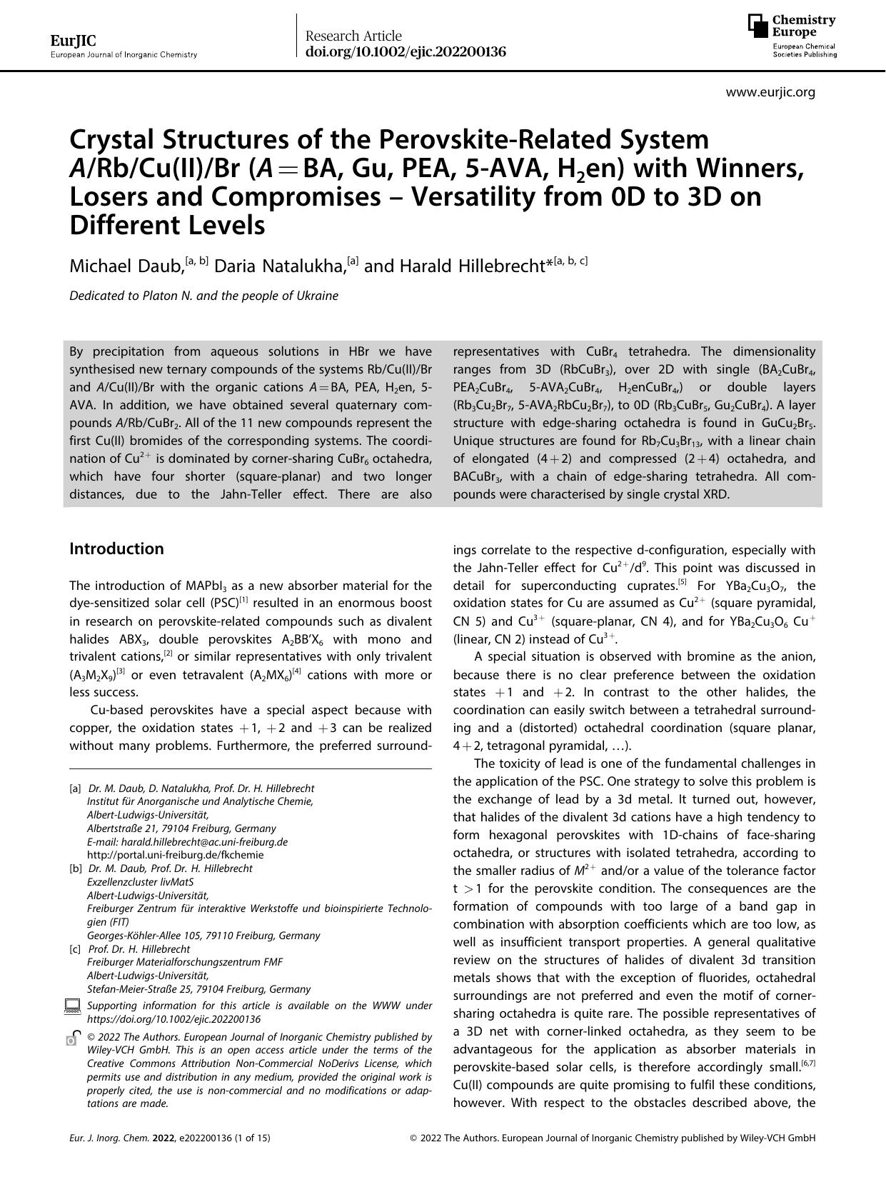 Crystal Structures of the PerovskiteâRelated System ARbCu(II)Br (A=BA, Gu, PEA, 5âAVA, H2en) with Winners, Losers and Compromises â Versatility from 0D to 3D on Different Levels by Unknown