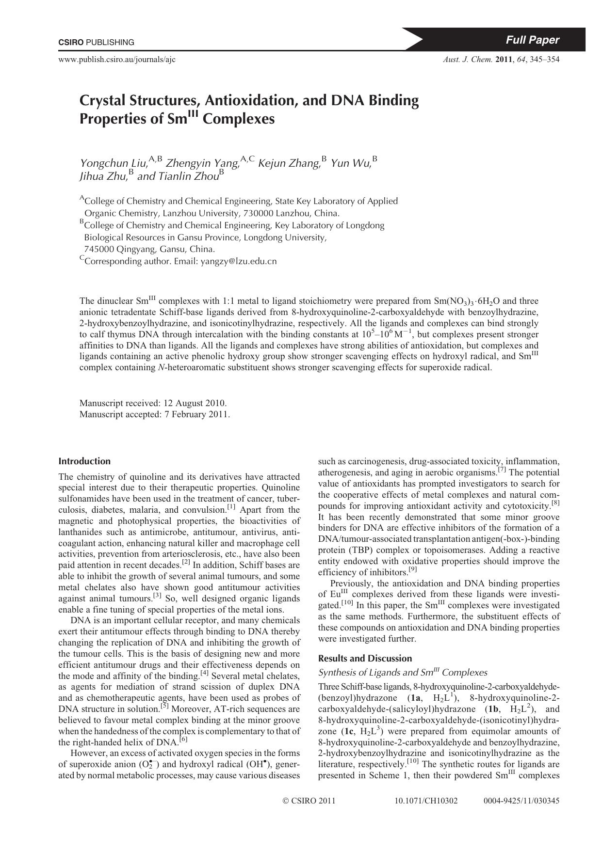 Crystal Structures, Antioxidation, and DNA Binding Properties of SmIII Complexes by Y. Liu et al