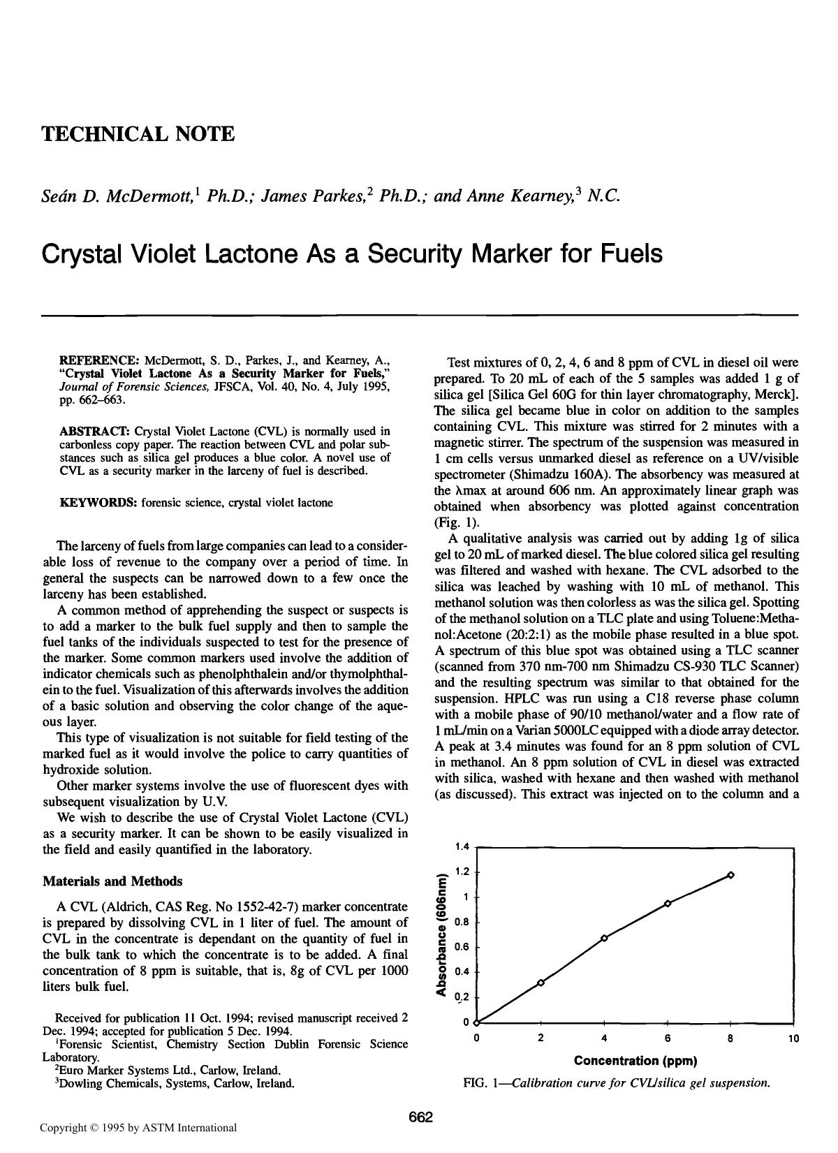 Crystal Violet Lactone As a Security Marker for Fuels by McDermott SD Parkes J Kearney A