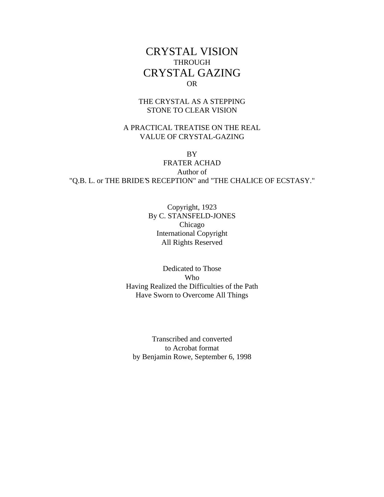 Crystal Vision Through Crystal Gazing by Frater Achad