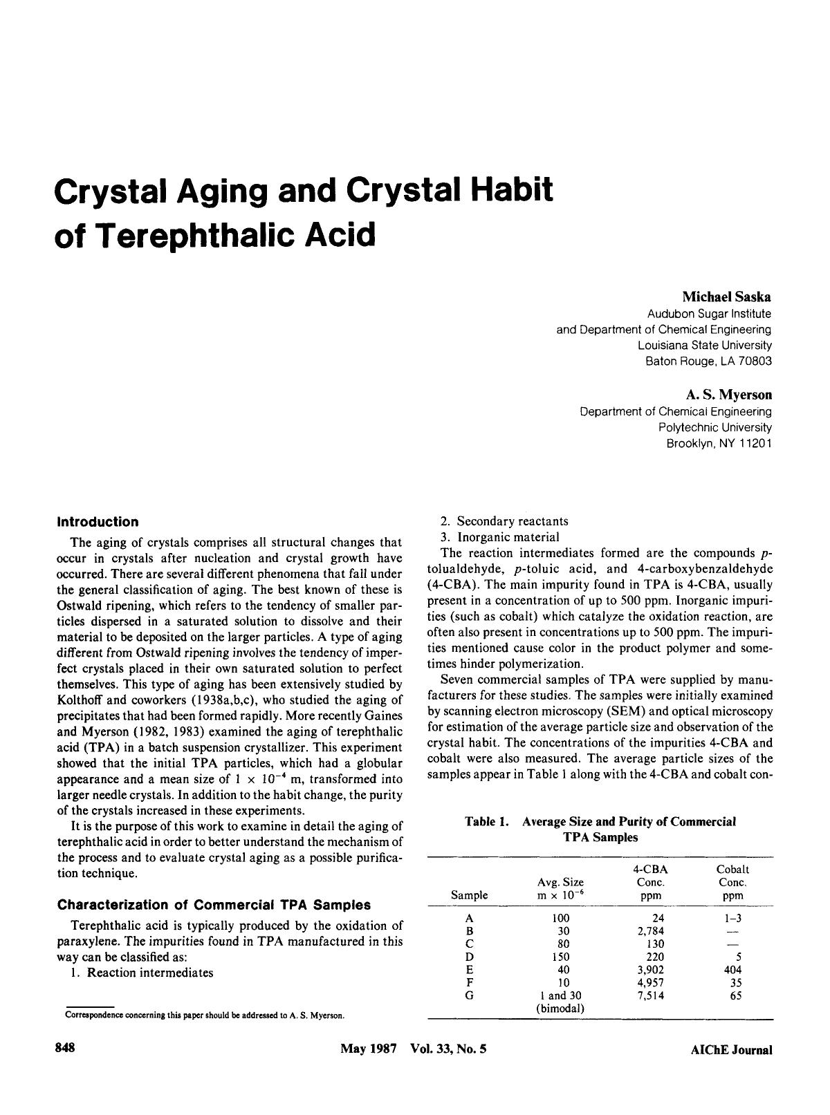 Crystal aging and crystal habit of terephthalic acid by Unknown