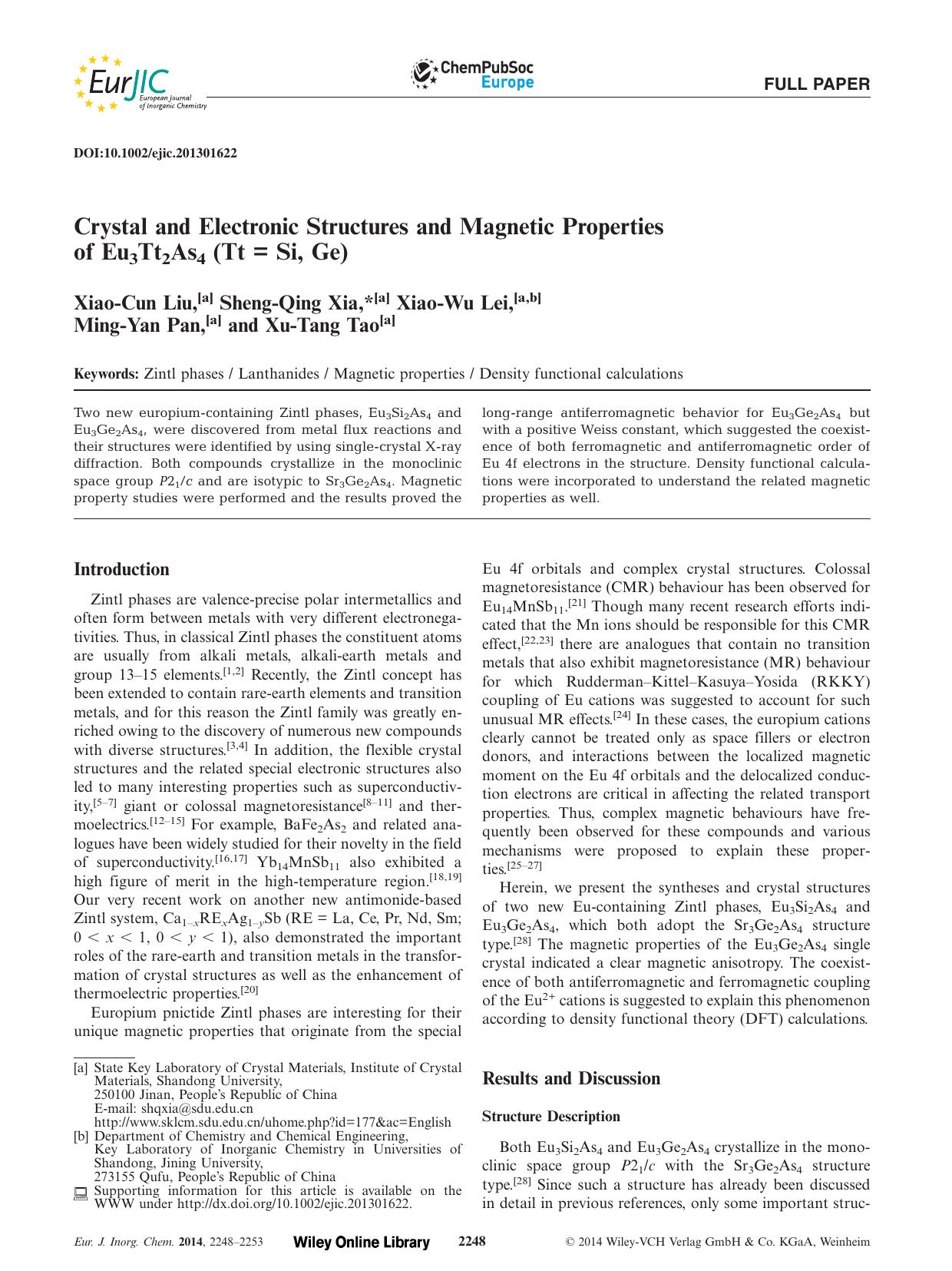 Crystal and Electronic Structures and Magnetic Properties of Eu3Tt2As4 (Tt = Si, Ge) by Unknown
