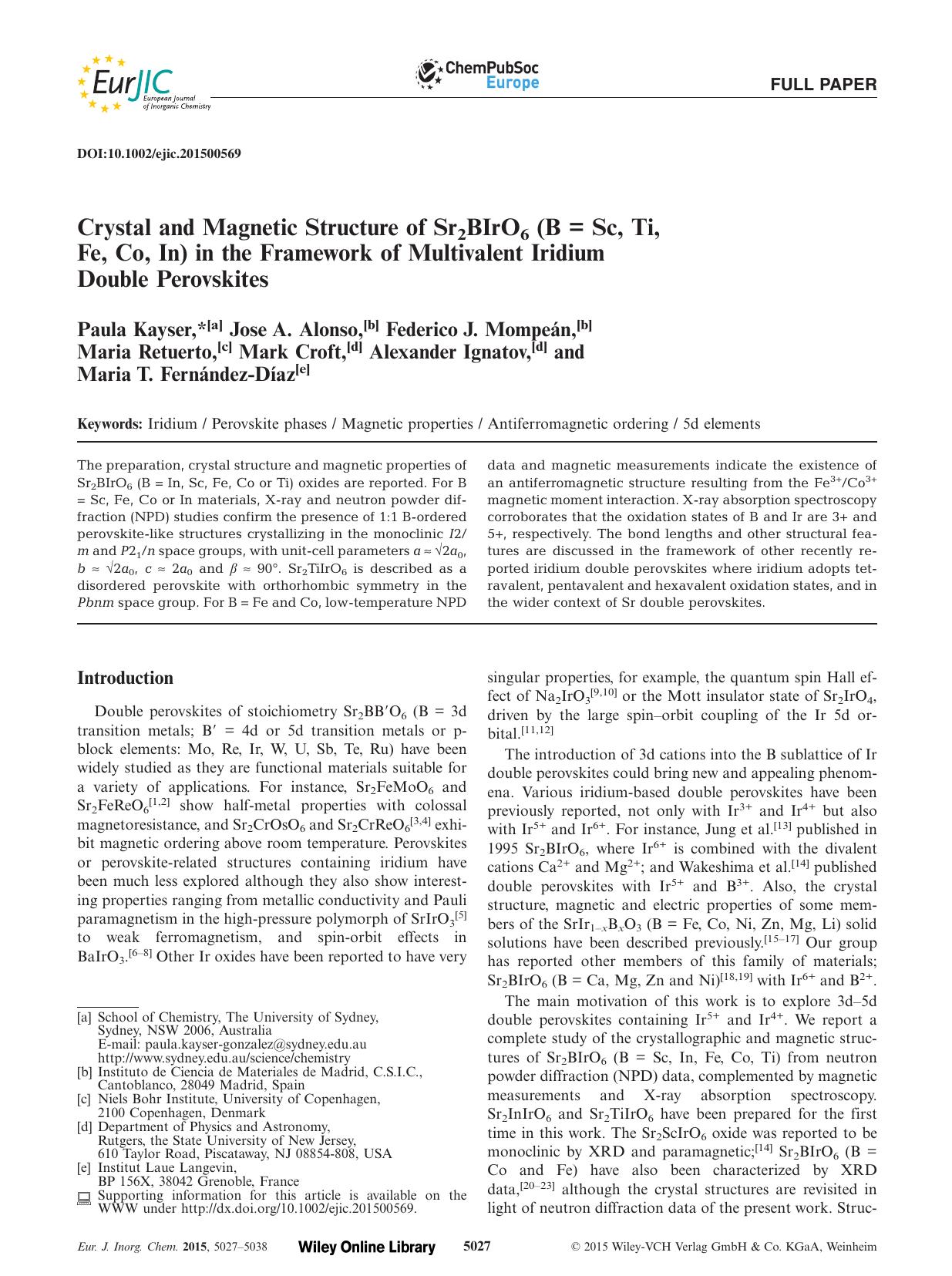 Crystal and Magnetic Structure of Sr2BIrO6 (B = Sc, Ti, Fe, Co, In) in the Framework of Multivalent Iridium Double Perovskites by Unknown