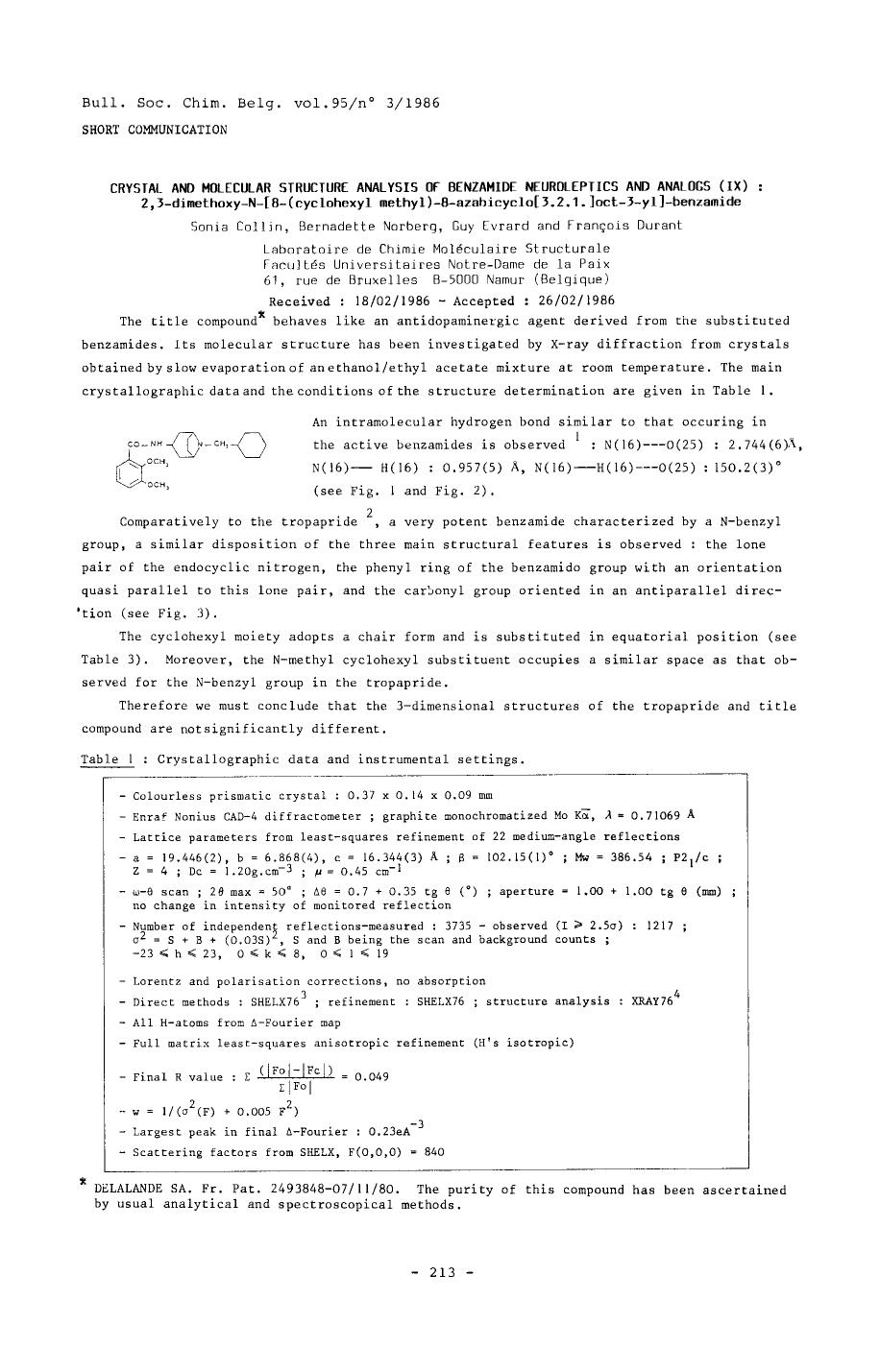Crystal and Molecular Structure Analysis of Benzamide Neuroleptics and Analogs (IX): 2,3dimethoxyN[B(Cyclohexyl Methyl)8Azabicyclo[3.2.1.]oct3yl]Benzamide by Unknown