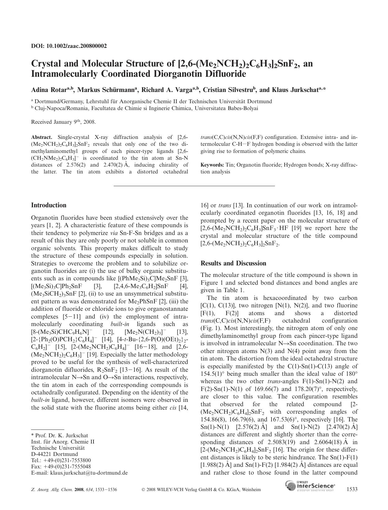 Crystal and Molecular Structure of [2,6-(Me2NCH2)2C6H3]2SnF2, an Intramolecularly Coordinated Diorganotin Difluoride by Unknown
