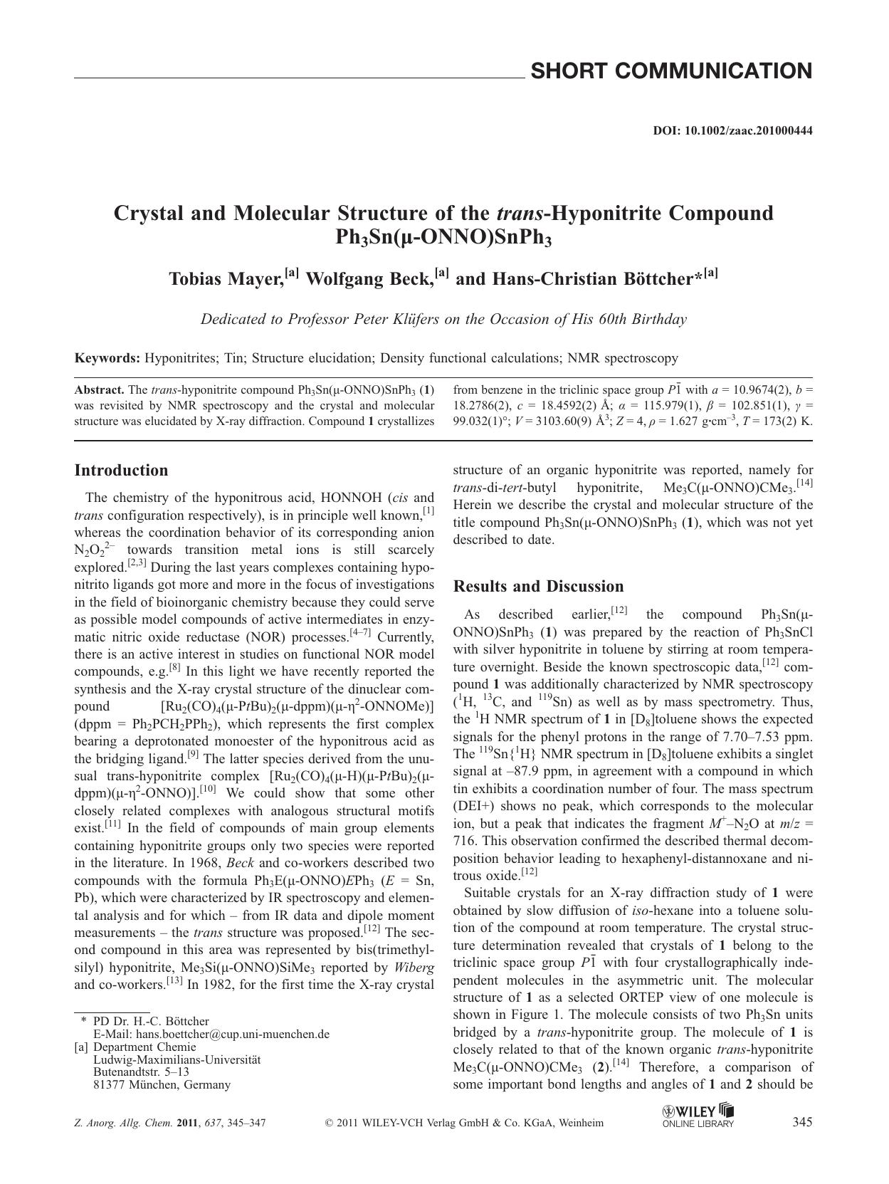 Crystal and Molecular Structure of the transHyponitrite Compound Ph3Sn(ONNO)SnPh3 by Unknown