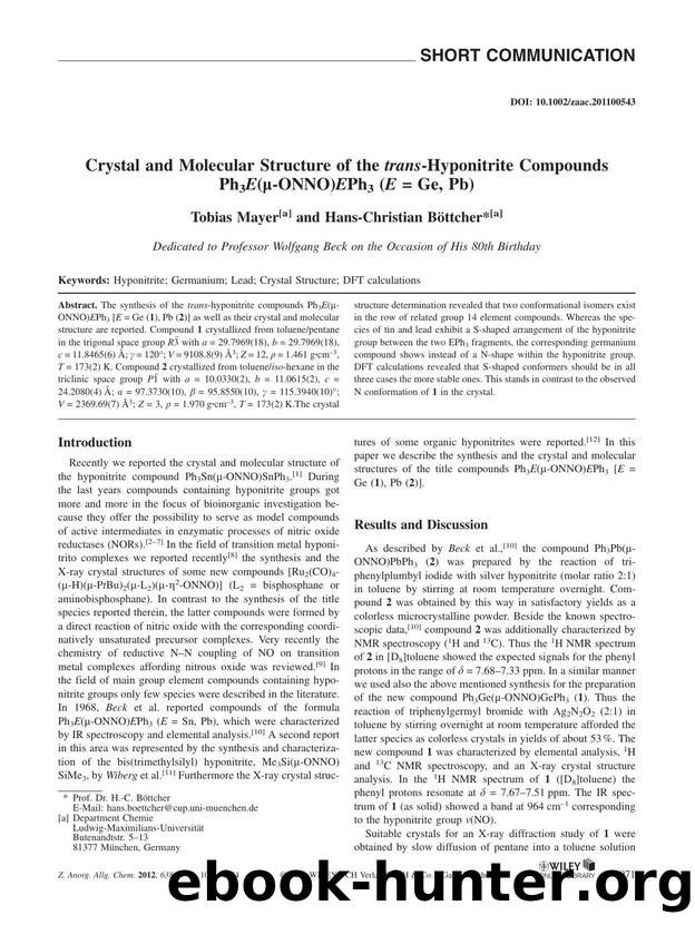Crystal and Molecular Structure of the transHyponitrite Compounds Ph3E(ONNO)EPh3 (E = Ge, Pb) by Unknown