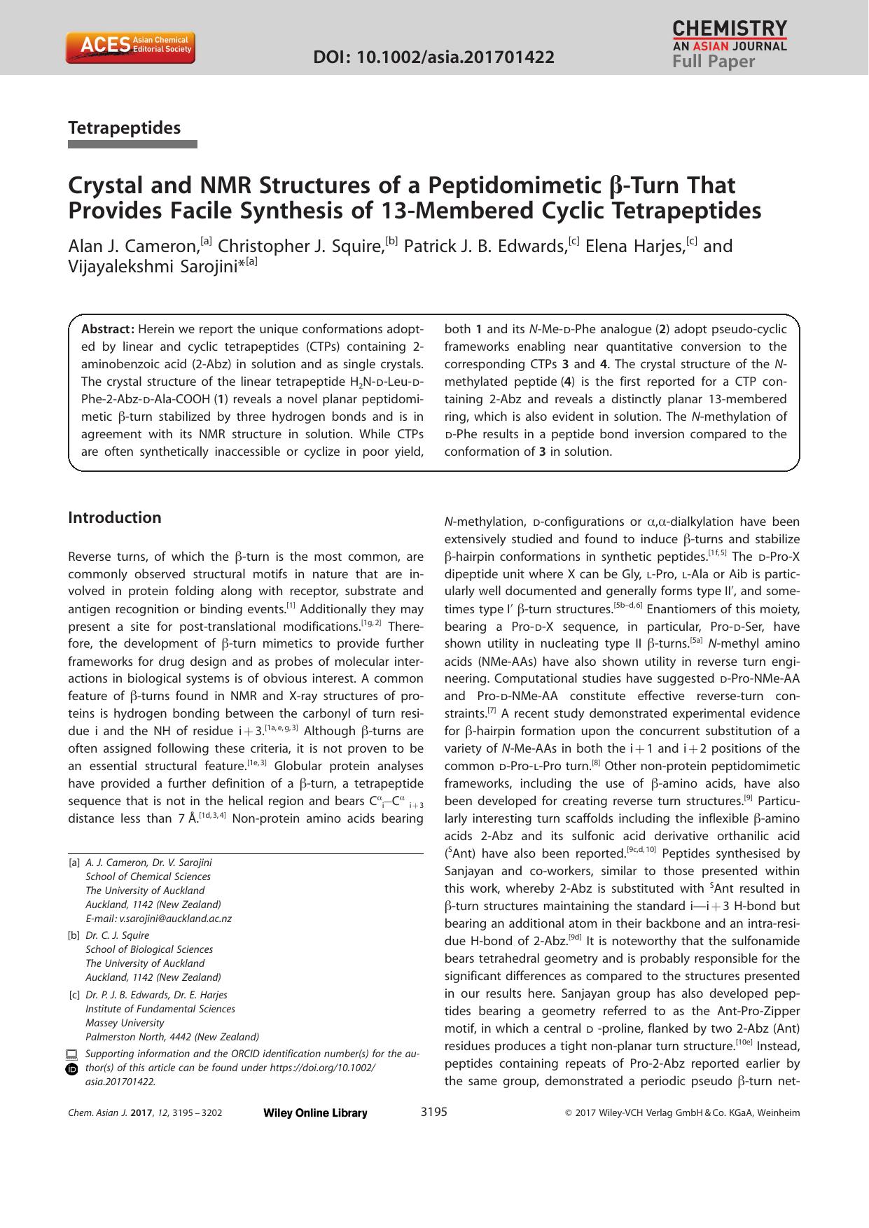 Crystal and NMR Structures of a Peptidomimetic Î²âTurn That Provides Facile Synthesis of 13âMembered Cyclic Tetrapeptides by Unknown