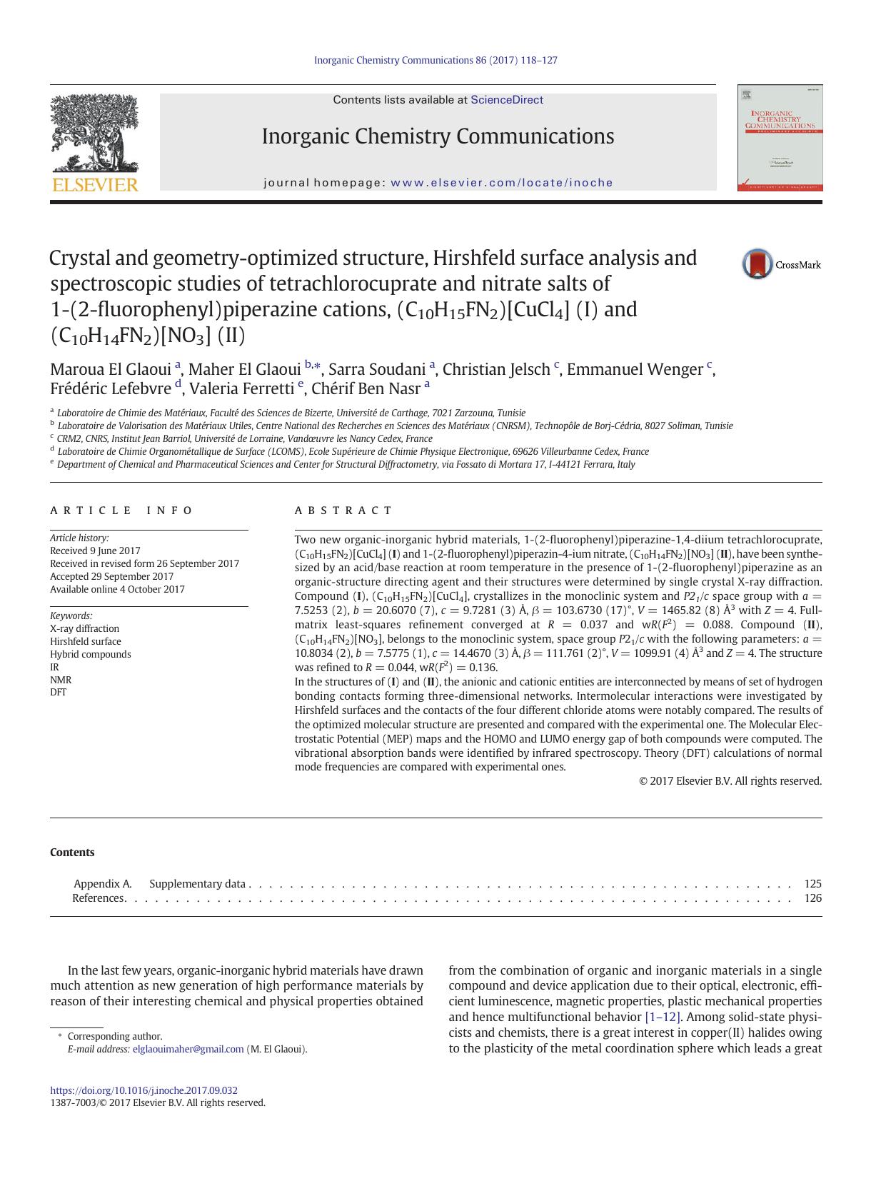 Crystal and geometry-optimized structure, Hirshfeld surface analysis and spectroscopic studies of tetrachlorocuprate and nitrate salts of 1-(2-fluorophenyl)piperazine cations, (C10 by unknow