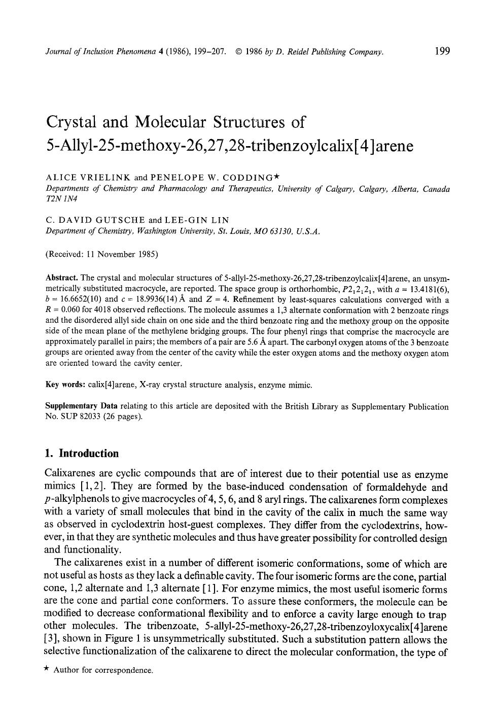 Crystal and moleclar structures of 5-allyl-25-methoxy-26,27,28-tribenzoylcalix[4]arene by Unknown