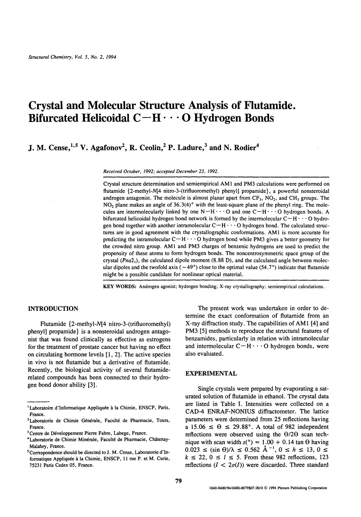 Crystal and molecular structure analysis of flutamide. Bifurcated helicoidal C-H ⋯ O hydrogen bonds by Unknown