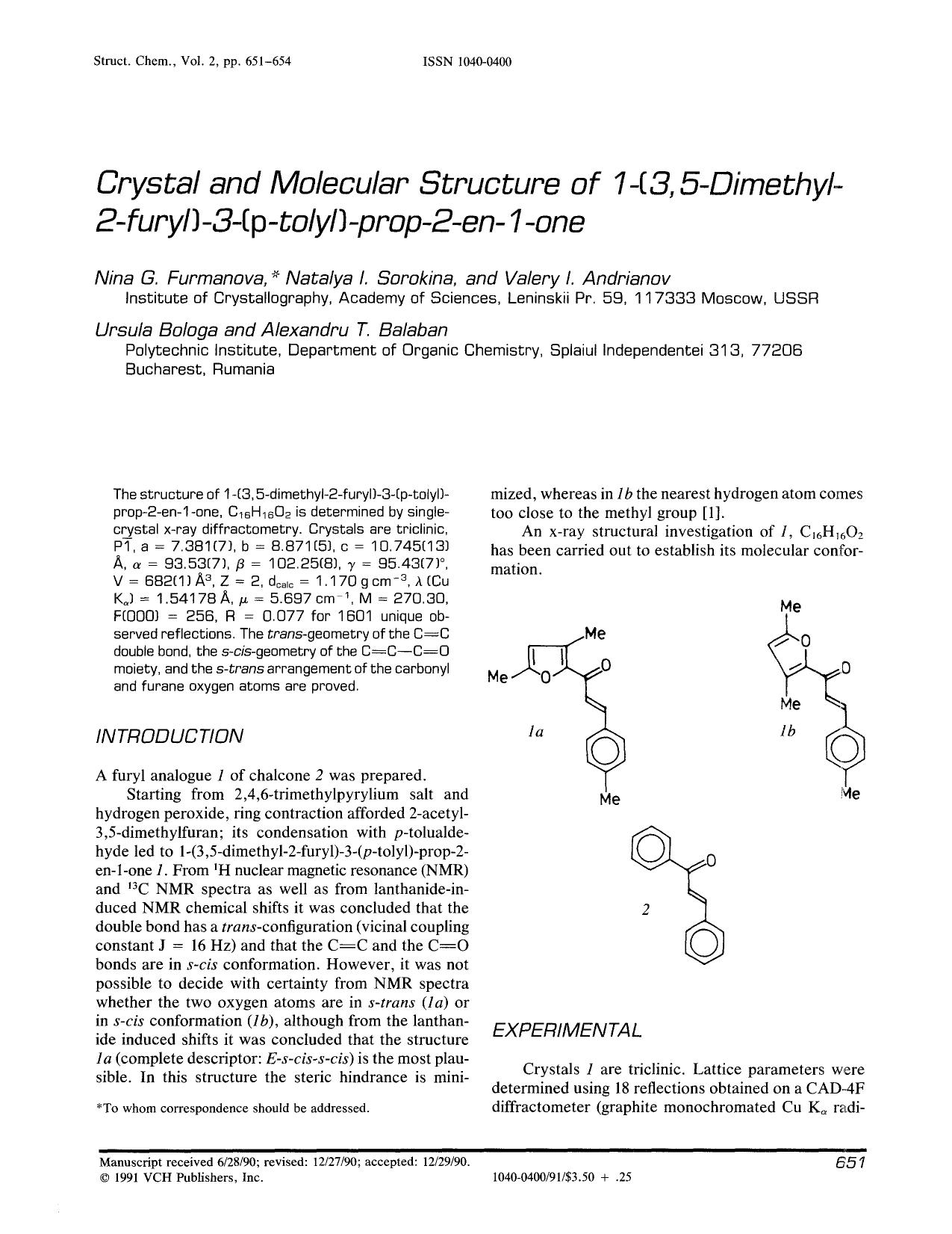 Crystal and molecular structure of 1-(3,5-dimethyl-2-furyl)-3-(p-tolyl) -prop-2-en-1-one by Unknown