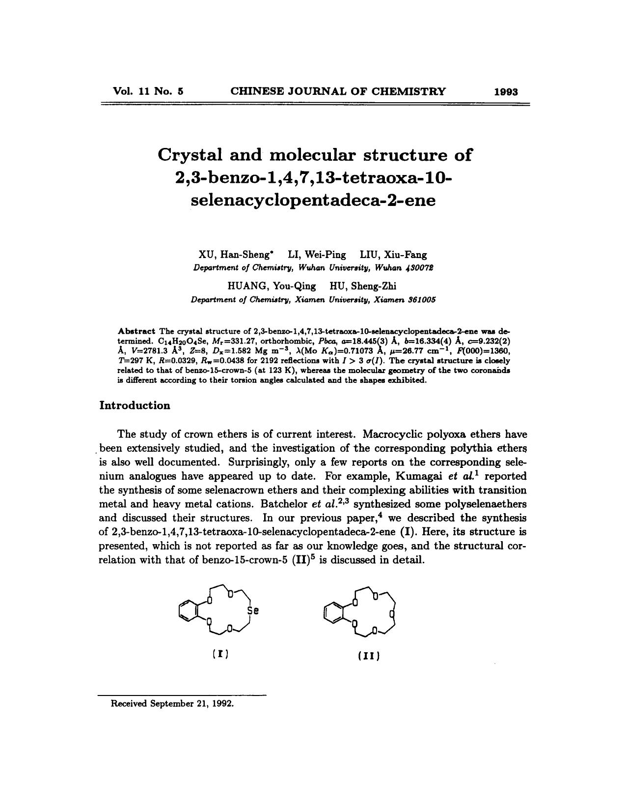 Crystal and molecular structure of 2,3benzo1,4,7,13tetraoxa10selenacyclopentadeca2ene by Unknown