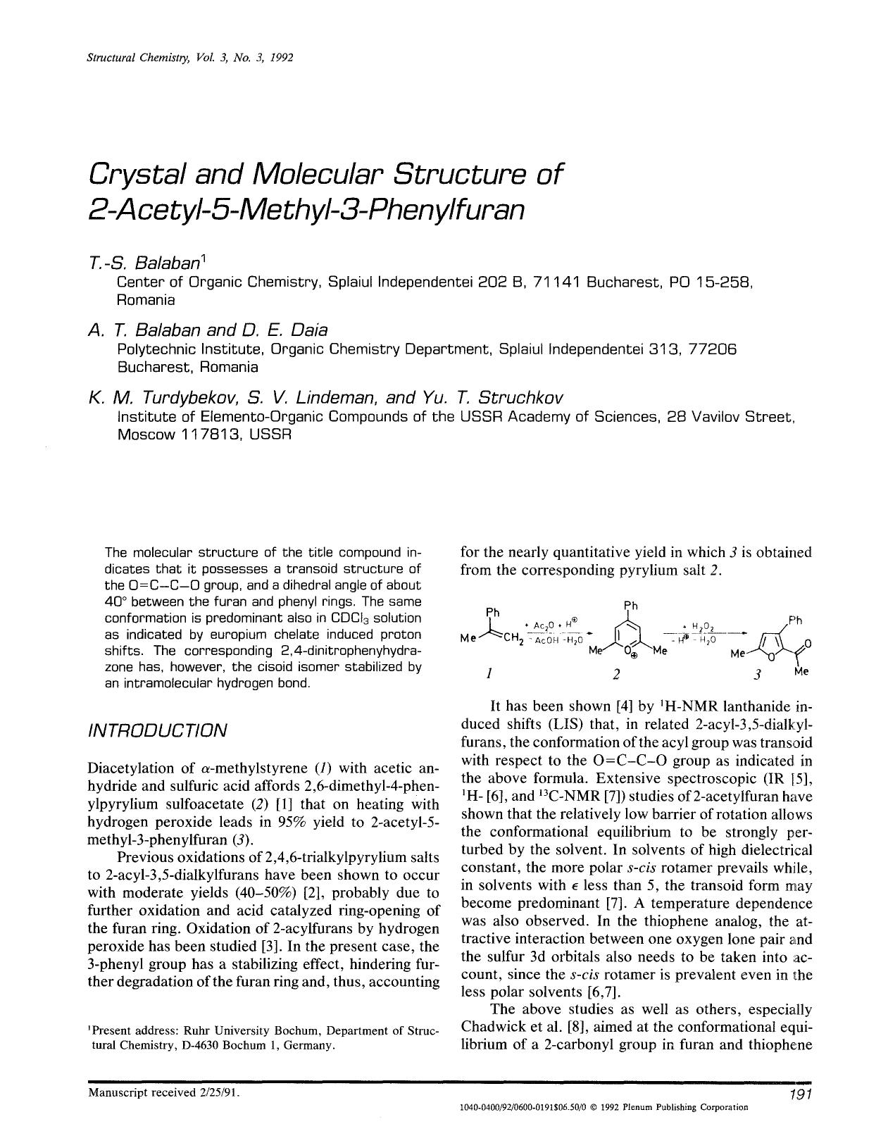 Crystal and molecular structure of 2-acetyl-5-methyl-3-phenylfuran by Unknown
