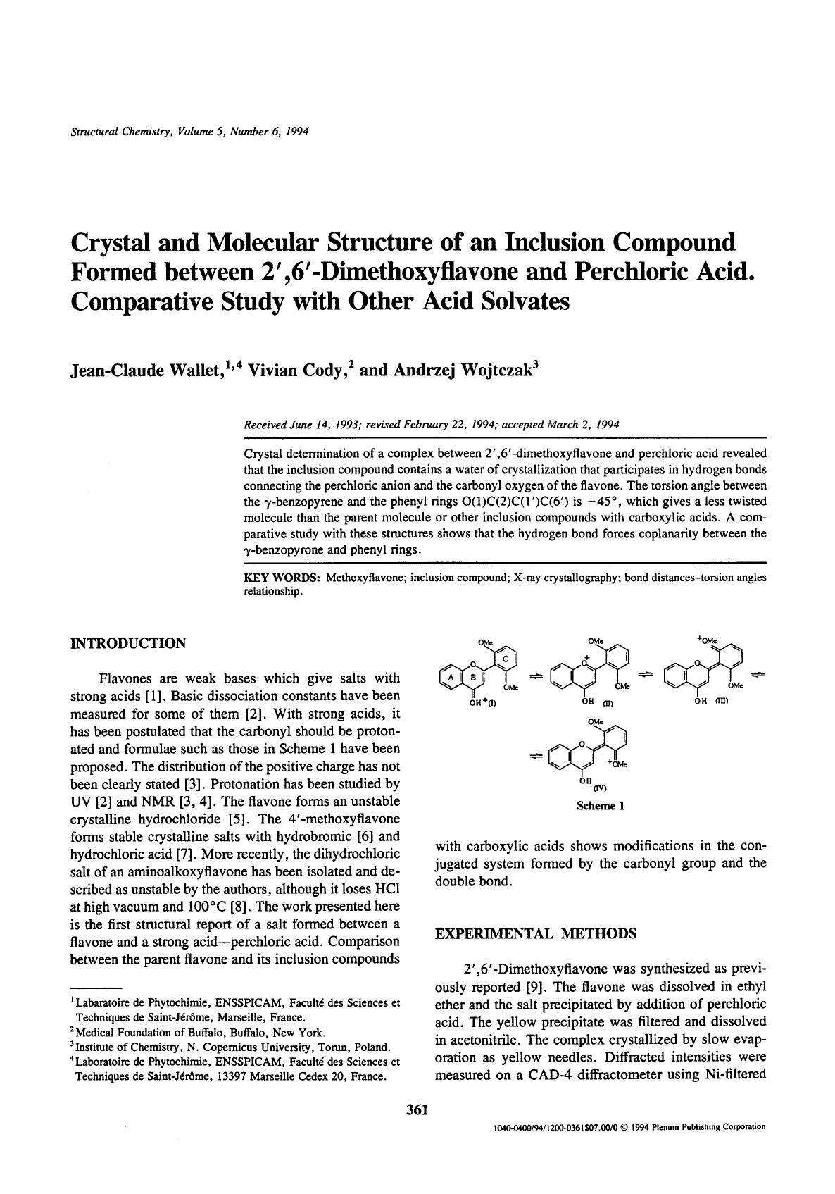Crystal and molecular structure of an inclusion compound formed between 2′,6′-dimethoxyflavone and perchloric acid. Comparative study with other acid solvates by Unknown