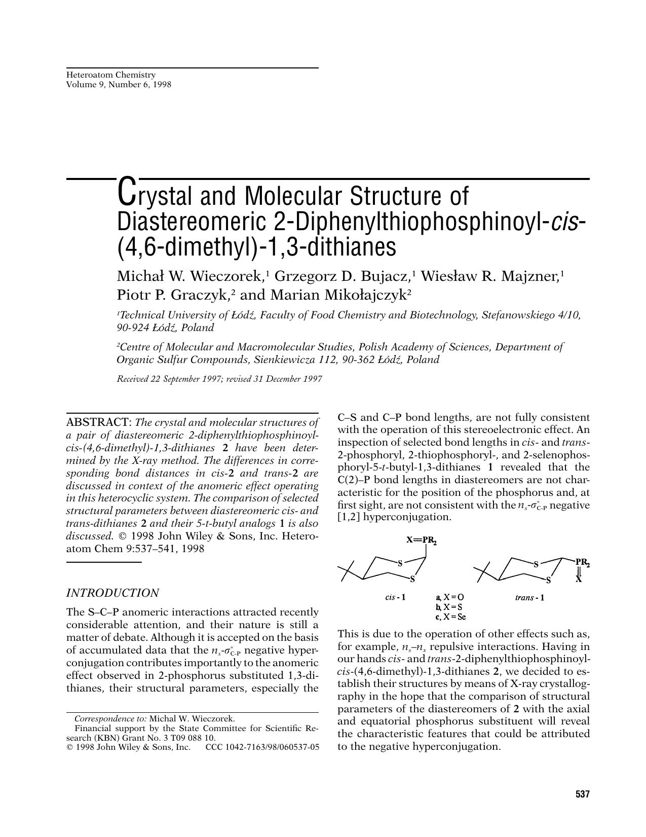 Crystal and molecular structure of diastereomeric 2-diphenylthiophosphinoyl-cis-(4,6-dimethyl)-1,3-dithianes by Unknown