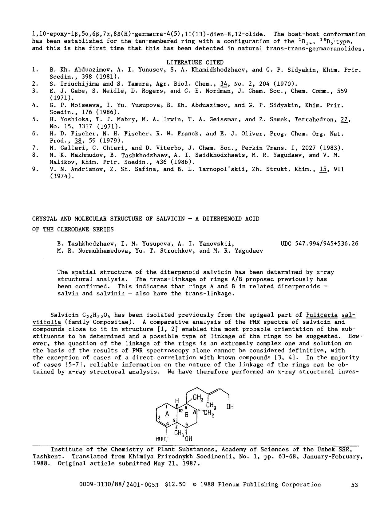 Crystal and molecular structure of salvicin &#x2014; A diterpenoid acid of the clerodane series by Unknown
