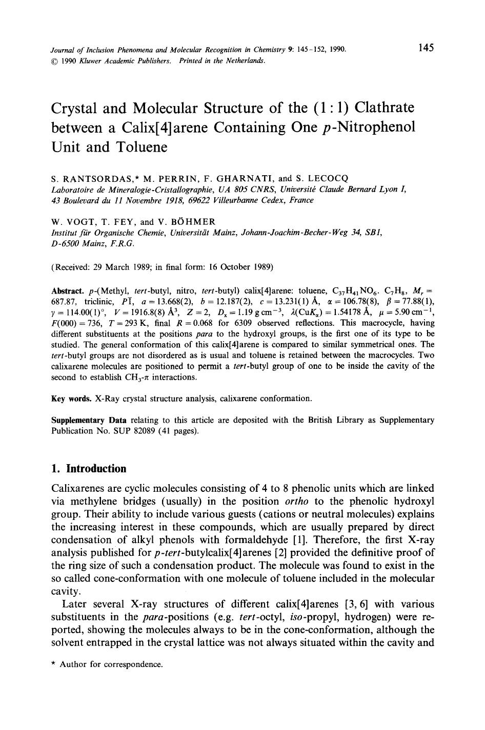 Crystal and molecular structure of the (1 : 1) clathrate between a calix[4]arene containing one <Emphasis Type="Italic">p <Emphasis>-nitrophenol unit and toluene by Unknown