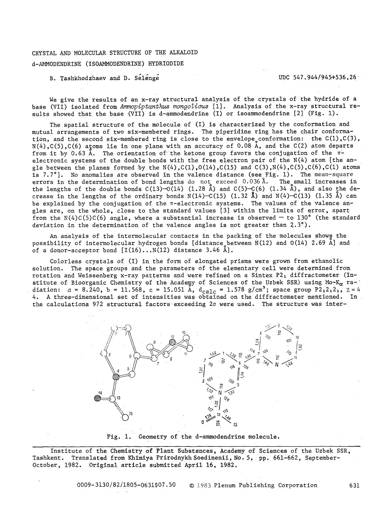 Crystal and molecular structure of the alkaloid d-ammodendrine (isoammodendrine) hydriodide by Unknown