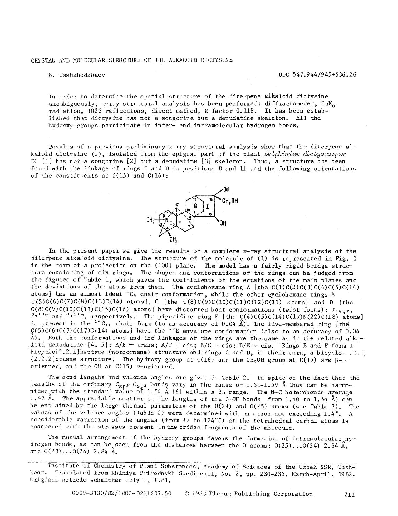 Crystal and molecular structure of the alkaloid dictysine by Unknown