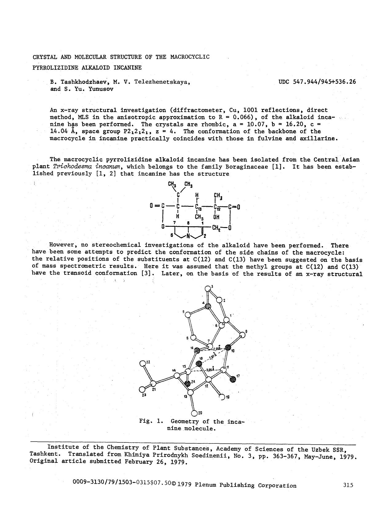 Crystal and molecular structure of the macrocyclic pyrrolizidine alkaloid incanine by Unknown