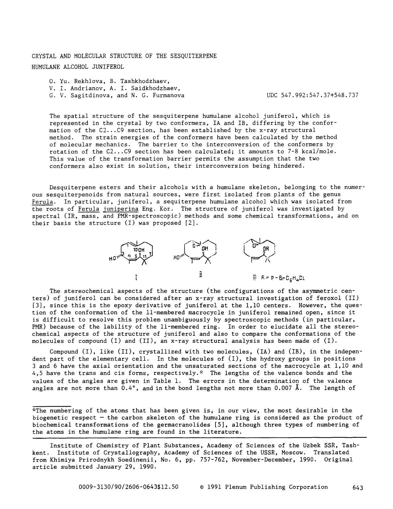 Crystal and molecular structure of the sesquiterpene humulane alcohol juniferol by Unknown