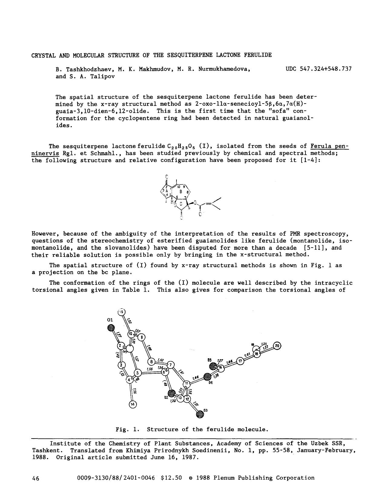 Crystal and molecular structure of the sesquiterpene lactone ferulide by Unknown