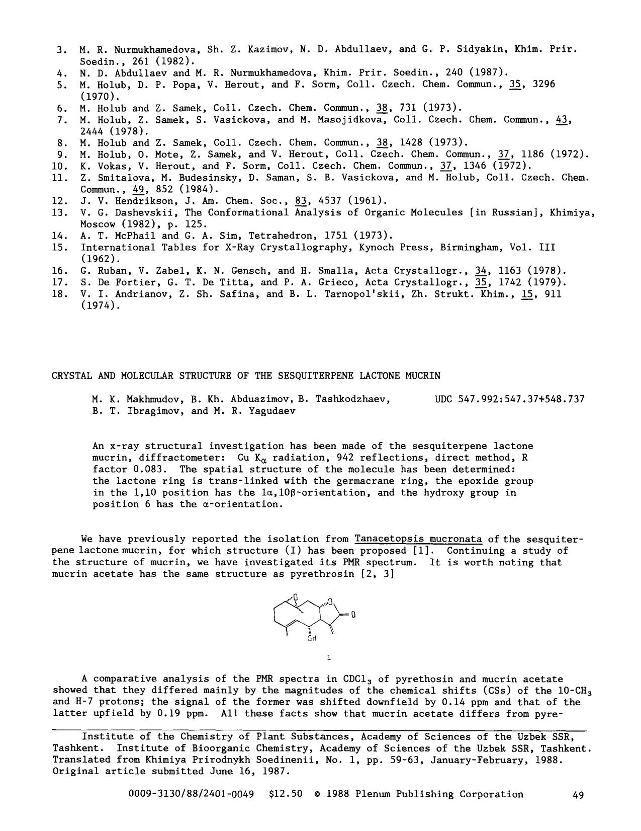 Crystal and molecular structure of the sesquiterpene lactone mucrin by Unknown