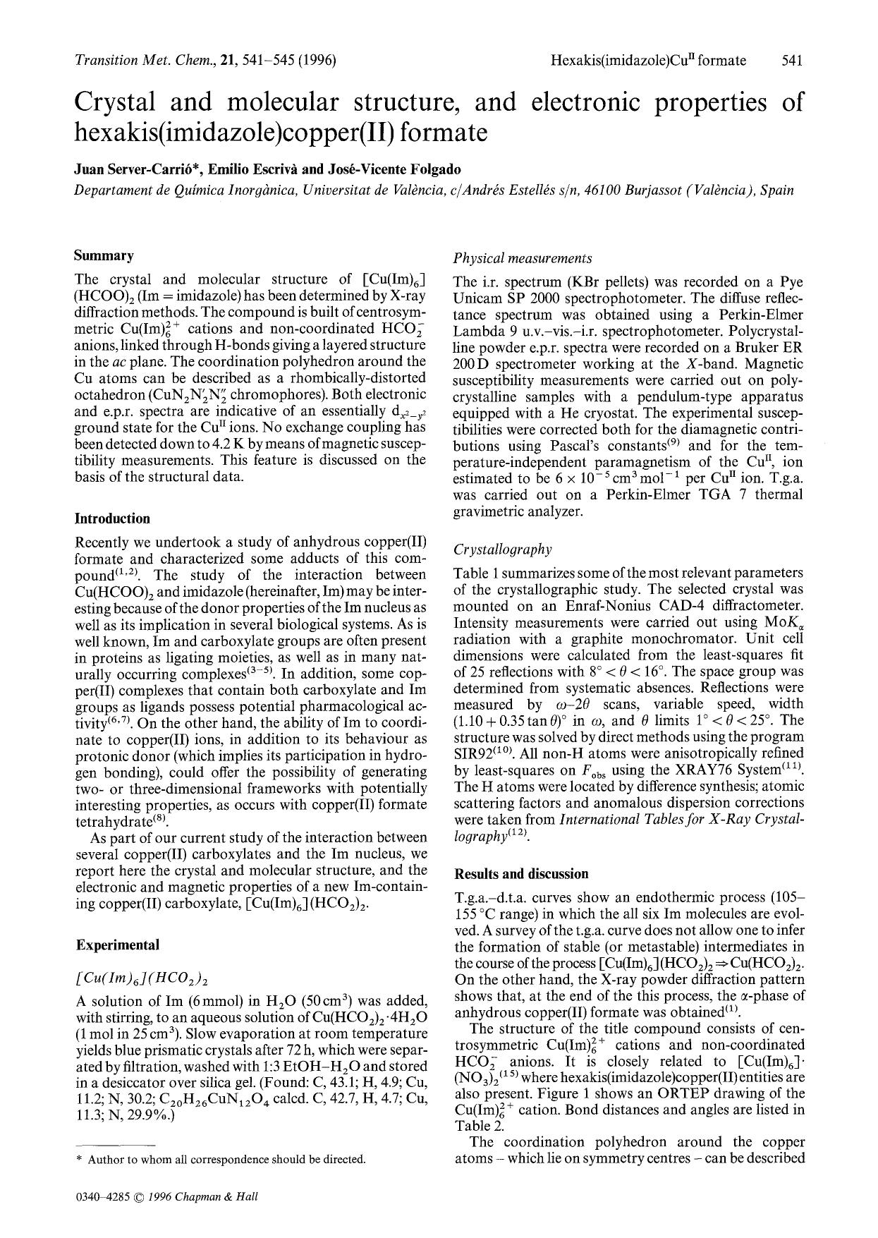 Crystal and molecular structure, and electronic properties of hexakis(imidazole)copper(II) formate by Unknown