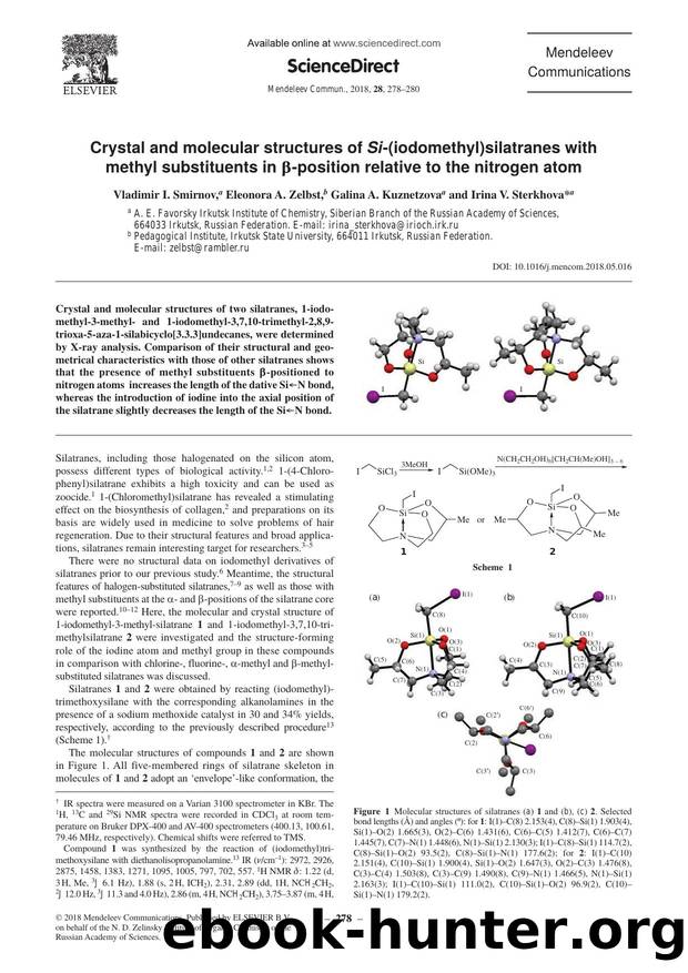 Crystal and molecular structures of Si-(iodomethyl)silatranes with methyl substituents in Î²-position relative to the nitrogen atom by Vladimir I. Smirnov & Eleonora A. Zelbst & Galina A. Kuznetzova & Irina V. Sterkhova