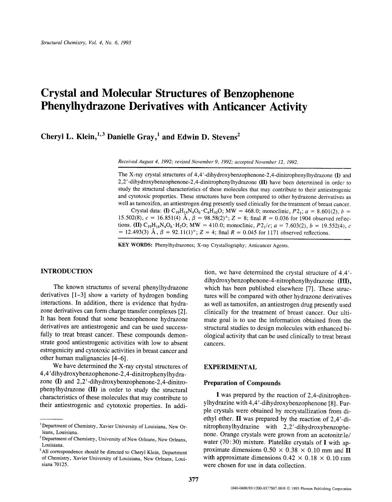 Crystal and molecular structures of benzophenone phenylhydrazone derivatives with anticancer activity by Unknown