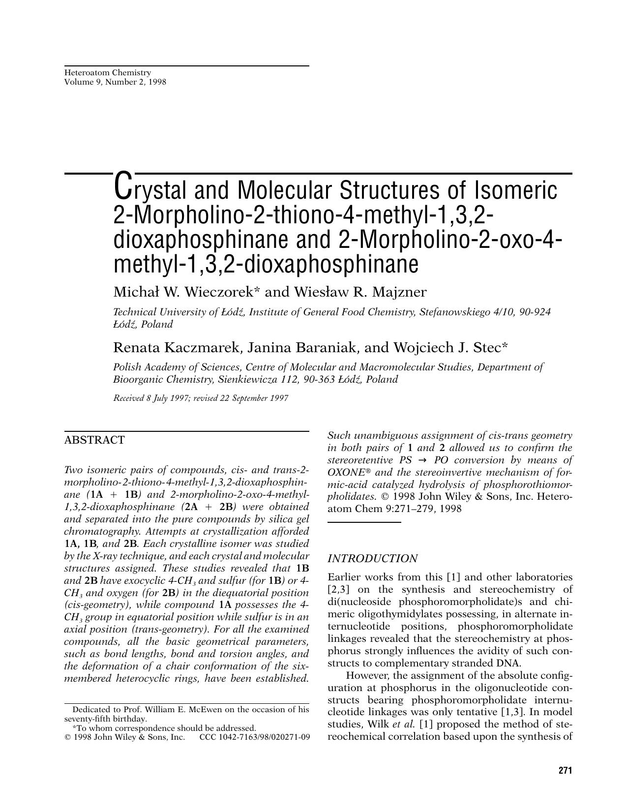 Crystal and molecular structures of isomeric 2-morpholino-2-thiono-4-methyl-1,3,2-dioxaphosphinane and 2-morpholino-2-oxo-4-methyl-1,3,2-dioxaphosphinane by Unknown